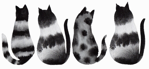 Four watercolor-painted cats in black and white, a set of hand-painted spotted and tabby cats, a group of sitting cats, view from behind, monochrome watercolor 