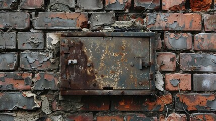 Aged Electrical Junction Box on Brick Wall Eye Level Perspective