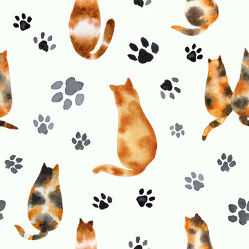 A seamless pattern with watercolor-painted cats and paw prints, hand-painted spotted red cats, sitting cats, view from behind