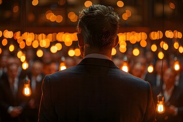 Obraz premium Rear View of Businessman Speaking at Attendance with Vintage Bulbs - Public Speaking and Leadership Concept