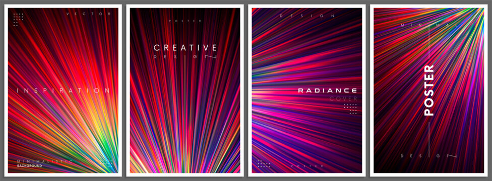 Set of brochures, flyers, posters with rainbow gradient glowing rays. Minimal dynamic covers design with colorful vibrant radiant beams. Night club party or summer music festival invitations. Vector