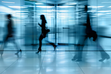Fototapeta premium Blurry silhouettes of business people walking in a modern office