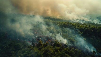 Fototapeta premium Wildfire burning in forest thick smoke rising over green hillside Arson sets cliff ablaze leading to deforestation Environment affected by global warming and climate change