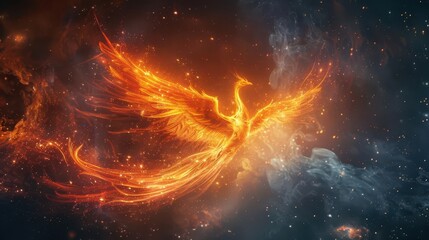 majestic phoenix rising from swirling flames against starry night sky vibrant feathers of fire and embers create a powerful symbol of rebirth and transformation