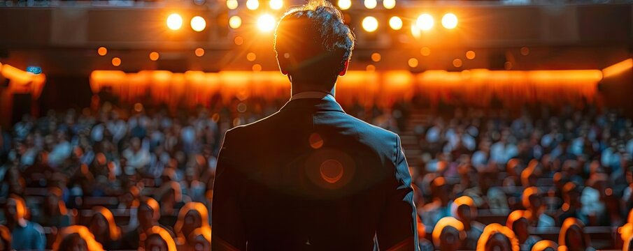 Entrepreneur giving a TED Talk-style presentation, highlighting thought leadership and inspiration