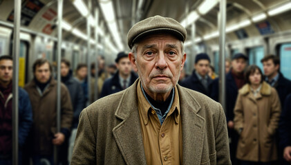 Elder man in a cap on the subway in the evening - Generative AI
