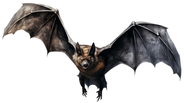 A scary bat with an open mouth in flight. Wide-spread wings. Isolated on transparent background