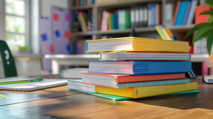 Stack of Colorful Textbooks and Notebooks on Wooden Desk in Bright Classroom, Symbolizing Academic Learning and Back to School Preparation