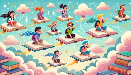 Vibrant illustration of children flying on books through a magical sky, perfect for back-to-school themes. Highlights the excitement and joy of learning and new adventures