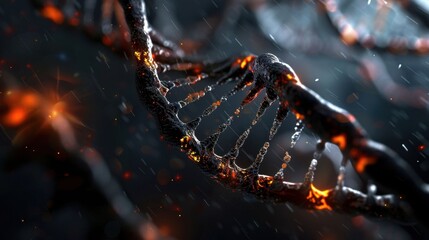 Fototapeta premium A close up of a DNA strand with a fire burning through it