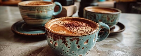 Three ceramic cups filled with cappuccino placed on a cafe table, showcasing a cozy and inviting coffee shop ambiance.