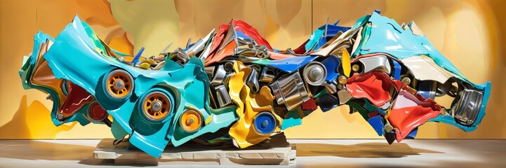 Abstract and colorful installation art of automobiles and machinery. - Generative AI