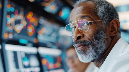 Data-Driven Insights: A seasoned Black scientist analyzes complex data visualizations on multiple screens, showcasing the power of experience in scientific discovery. 