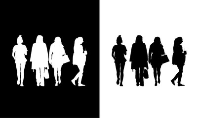 fashion girls' silhouette, illustration vector, art, design, group, fashionable, girl, bag, black, white, silhouette girl with bag,