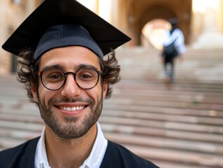 Fototapeta premium Graduation Day: A young man, radiating joy and pride, celebrates his graduation with a wide smile under his cap and gown. This image embodies the culmination of hard work and dedication.