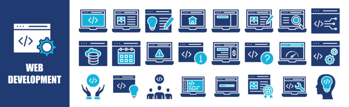 Web Development icon collection set. Containing design, technology, web, development, software, code,and more. Solid vector icons collection.	