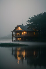 Obraz premium A Lake House In Fog