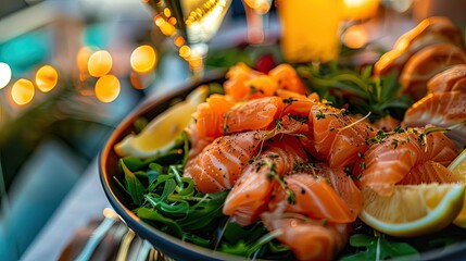 Close-up of delicious smoked salmon salad with lemon wedges and greens, beautifully presented on a dining table with mood lighting.