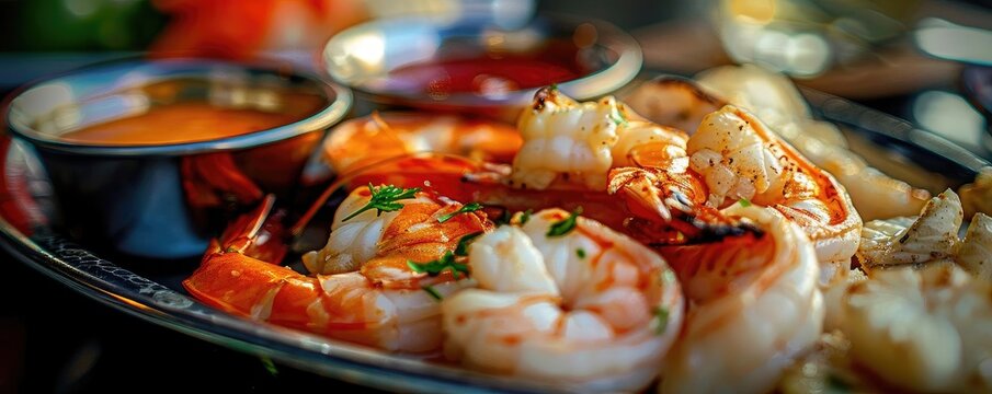 Close-up of gourmet seafood platter with shrimp and dipping sauces, garnished with herbs. Perfect culinary presentation for fine dining experiences.