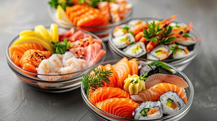 A selection of fresh sushi and sashimi in bowls, beautifully presented with garnishes, showcasing a delicious variety of seafood and rolls.
