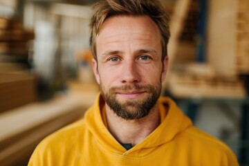 Obraz premium Skilled Carpenter Working with Wood in Warm Workshop Light - Medium Shot Portraiture