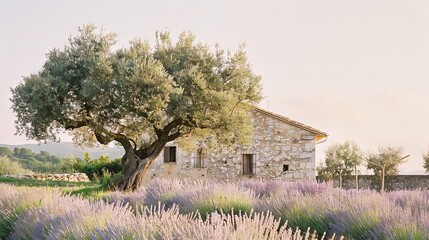 A large tree stands in front of a stone house with a purple field of lavender in