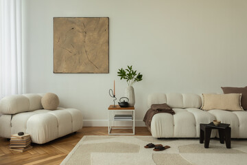 A modern living room interior featuring cozy, plush white sofas, a wooden side table with...