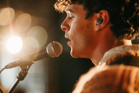 Talented Musician Performing on Stage with Microphone in Studio Spotlight - Medium Shot Portrait