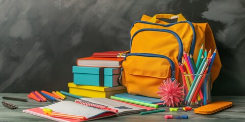 A yellow backpack with a blue strap sits on a table with a variety of school supplies, including a box of crayons, a notebook, and a pencil case. The scene suggests a typical day at school