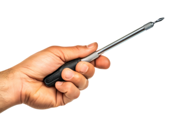 A hand firmly grasps a screwdriver, its metallic sheen contrasting with the smooth, pale skin. The background is stark white, creating a clean and minimalistic aesthetic.