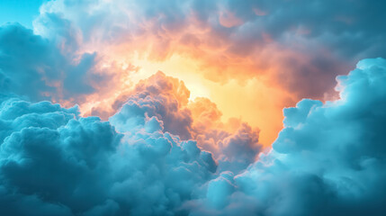 Dramatic sky filled with vibrant clouds illuminated by sunlight breaking through, creating a mesmerizing and ethereal scene.