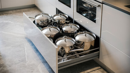 A kitchen with a drawer full of pots and pans, AI