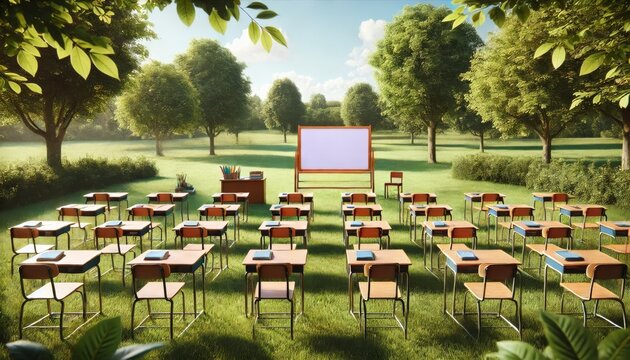 Explore an outdoor classroom setting perfect for back to school promotions. Featuring desks, a whiteboard, and lush green surroundings, ideal for educational themes and activities