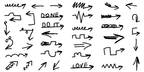 Simple Doodle hand drawn Arrows set isolated white background. Collection of selection element with chalk texture. Black Charcoal Arrows. Vector illustration. EPS 10