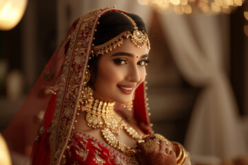 Side portrait of a young joyful bride wearing traditional Indian bridal costumes and jewellery on her wedding	
