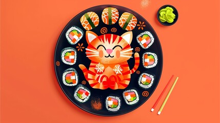 Illustration of a cartoon cat-shaped sushi platter with bright orange background.