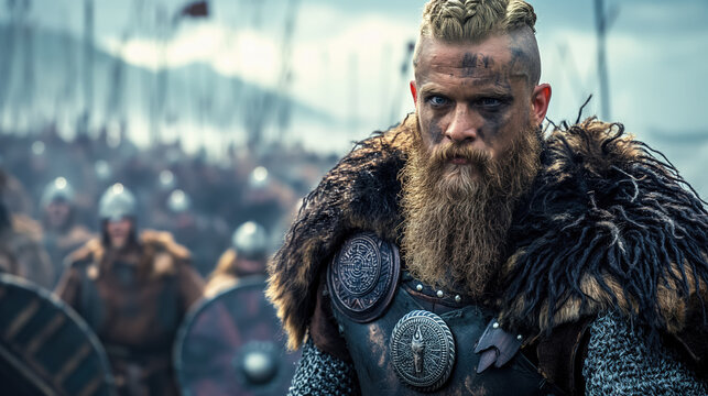 Fierce Viking warrior with a long beard and battle armor, standing in front of a group of warriors, creating a historical and intense scene.