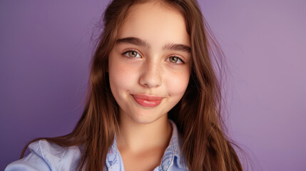Naklejka premium Lovely young girl winking for a selfie, dressed in a single shirt, purple background
