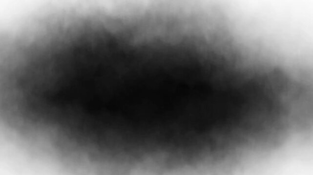 Spooky frame from white smoke moving on black background in slow motion. Floating fog effect overlay. Slowly moving of steam smoke border with copy space
