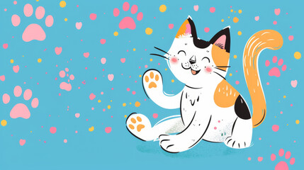 Playful Cartoon Cat Illustration with Paw Prints on Blue Background