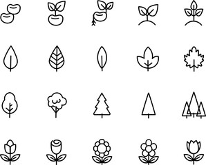 botanical icons, floral icons, flowers, plants, seeds, tulip, daisy, leaves, trees
