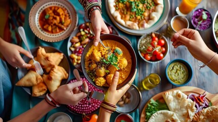 People enjoy vegetarian Indian food together. A woman reaches out to grab a Samosa