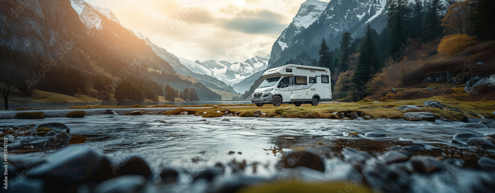 Wall mural camper, motorhome at mountain river camp