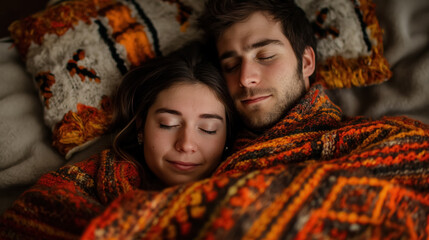 Fototapeta premium Couple snuggled together under a warm, patterned blanket, sleeping peacefully, conveying a sense of comfort, love, and intimacy in a cozy, homey setting.