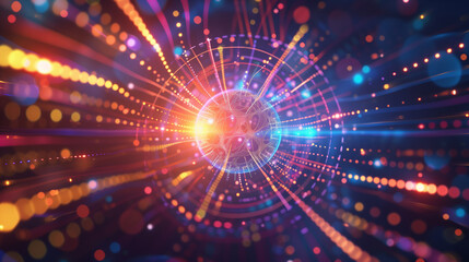 a mesmerizing quantum computing visualization featuring a central glowing orb surrounded by intricate, multicolored pathways and particles, ideal for themes of quantum technology,