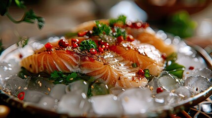 Fresh salmon sashimi garnished with herbs and red peppercorns served on a bed of ice, highlighting the freshness and exquisite presentation.