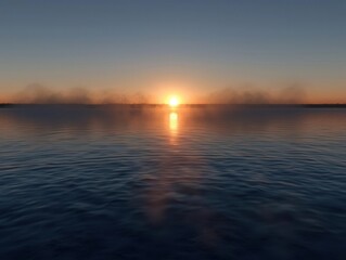 Naklejka premium A tranquil sunrise over a serene lake with mist rising from the water