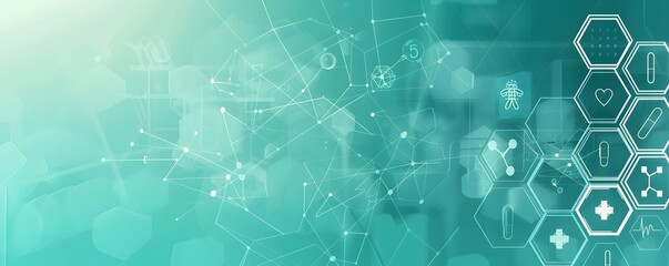 Fototapeta premium Abstract medical background with hexagons and icons, blue color, vector illustration, banner design. Background for scientific or technological concepts in medicine, health care, healthcare systems, g