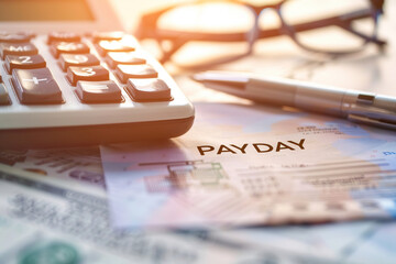 Calculator and paycheck on a desk representing payday and financial management