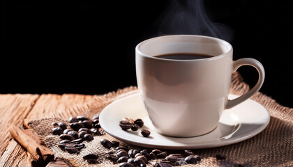 Coffee cup on old kitchen table and burlap texture black background